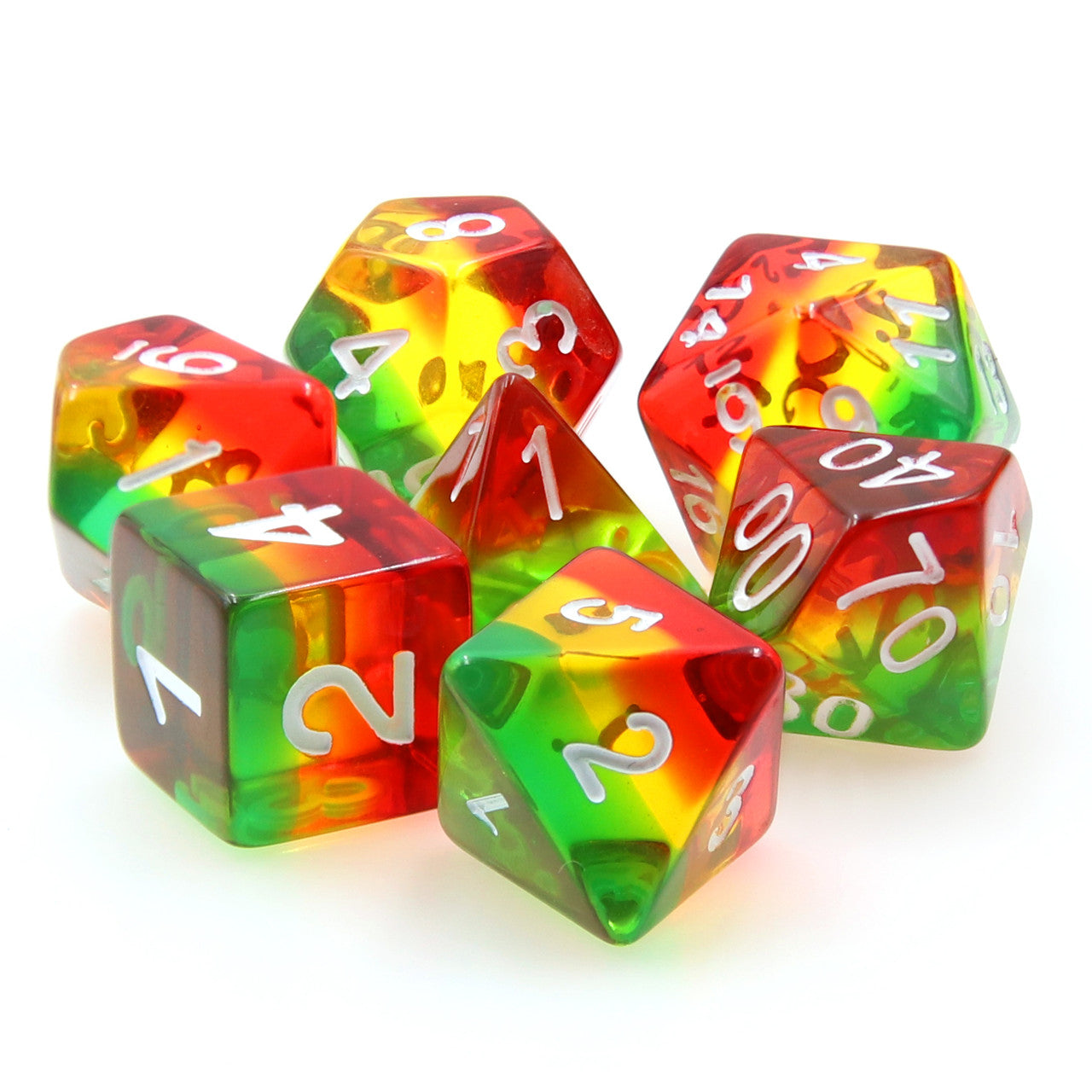 7pc Transparent Red Yellow Green Layer Polyhedral Dice Set